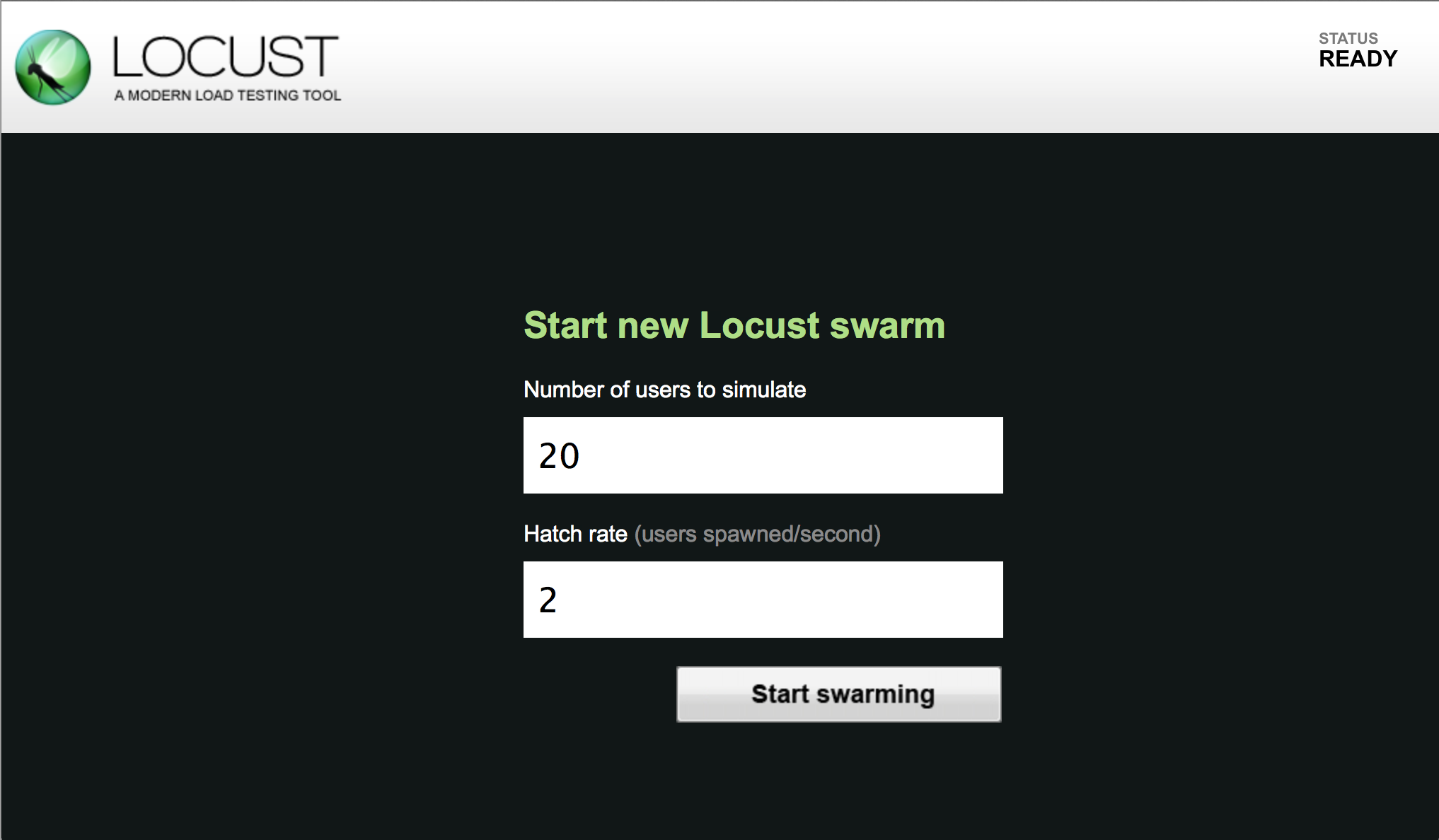Locust の Web インターフェースの初期画面